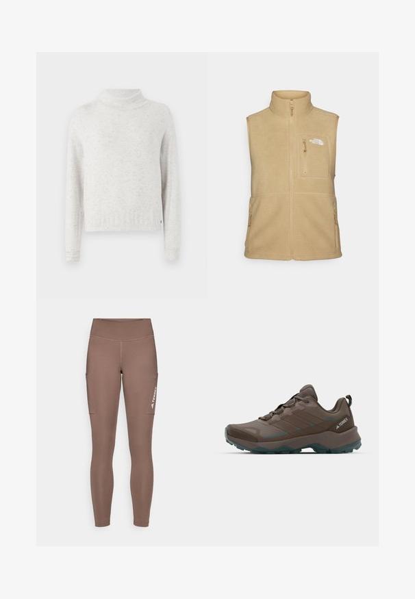 Beige fleece vest med høy krage, glidelås foran og en brystlomme. Har doble sidelommer og en glatt tekstur.; Lys grå flekket langermet genser med en avslappet passform og en høy, litt brettet halslinning.; Brune atletiske leggings med høy midje, med sidelommer og en hvit logo. Glatt, elastisk stoff for komfort og bevegelighet.; Grå og teal fotturer sko med mesh-paneler, teksturert overdel og robust gummisåle. Har polstret tunge og snøring.