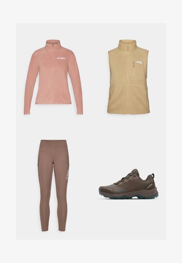 Beige fleece vest med høy krage, glidelås foran og en brystlomme. Har doble sidelommer og en glatt tekstur.; adidas Terrex Fleecegenser - warm clay; Brune atletiske leggings med høy midje, med sidelommer og en hvit logo. Glatt, elastisk stoff for komfort og bevegelighet.; Grå og teal fotturer sko med mesh-paneler, teksturert overdel og robust gummisåle. Har polstret tunge og snøring.