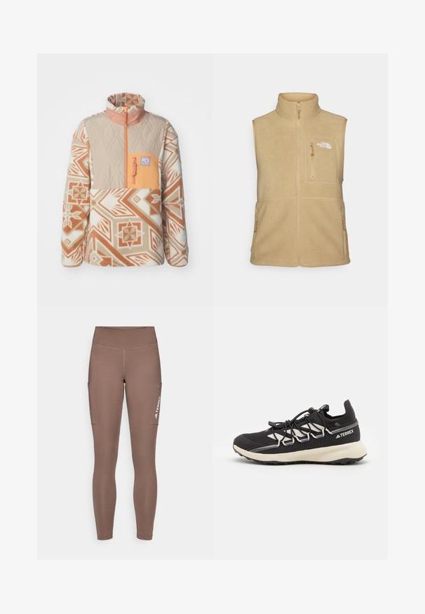 Bež fliiskvest kõrge kraega, tõmbluku ees ja ühe rinna taskuga. Omab kaht külgtaskut ja sujuvat tekstuuri.; Kari Traa ROTHE - Fliisdžemper - light brown; Pruunid spord Leggingsid kõrge vöökohaga, külgtaskud ja valge logo. Sile ja veniv kangas mugavuse ja liikumisvabaduse tagamiseks.; Must mustus kingad tekstureeritud ülaosaga, kontrastsete valgete aktsentidega, vormitud tallaga ja elastsete paeltega. Sarvi peal on trükitud logo.