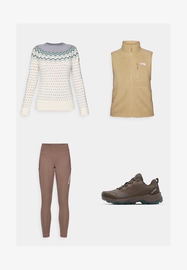Vesta din fleece bej cu guler înalt, fermoar frontal și un buzunar pe piept. Are buzunare laterale duble și o textură netedă.; Pulover tricotat în crem, cu un model în zigzag în purpuriu deschis și verde la guler. Prezintă inimioare albastre mici și manșete cu aspect țesut.; Leggings atletice maro cu talie înaltă, dotate cu buzunare laterale și un logo alb. Material neted și elastic pentru confort și mobilitate.; Pantofi de drumeție gri și teal, cu panouri din plasă, parte superioară texturată și talpă din cauciuc rezistentă. Caracteristici: limbă căptușită și design cu șireturi.