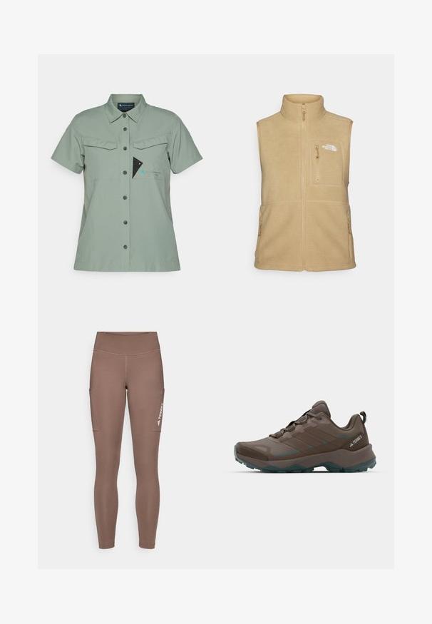 Gilet in pile beige con collo alto, chiusura con zip e una tasca sul petto. Presenta doppie tasche laterali e una consistenza liscia.; Camicia a maniche corte con bottoni in tessuto verde chiaro, dotata di due tasche sul petto, bottoni neri e un logo con un accento blu e un design triangolare.; Maglia a maniche lunghe beige chiaro con design a coste testurizzate. Presenta maniche raglan e un collo rotondo. Logo del marchio discreto sull'orlo.; Leggings sportivi marroni con vita alta, dotati di tasche laterali e un logo bianco. Tessuto liscio ed elasticizzato per comfort e mobilità.; Scarpe da trekking grigie e teal con pannelli in rete, tomaia texturizzata e suola in gomma robusta. Presentano una linguetta imbottita e un design con lacci.