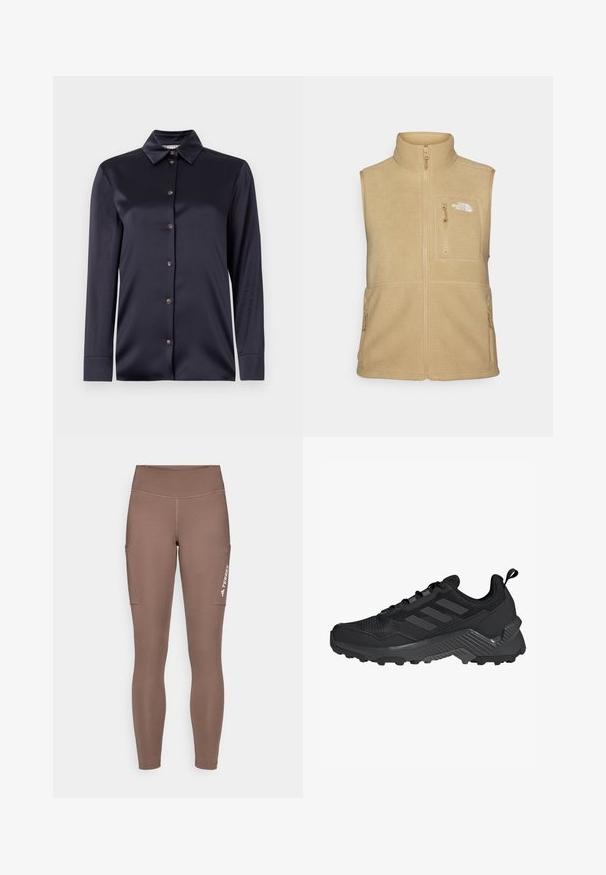 Beige fleece vest med høy krage, glidelås foran og en brystlomme. Har doble sidelommer og en glatt tekstur.; Marineblå sateng skjorte med lange ermer, klassisk krage, frontlukking med knapper og glatt tekstur. Har subtil glans og en skreddersydd passform.; Brune atletiske leggings med høy midje, med sidelommer og en hvit logo. Glatt, elastisk stoff for komfort og bevegelighet.; Svart idrettssko med mesh-overdel, design med tre striper, formet hæl og robust yttersåle med fremtredende støtteknopper.