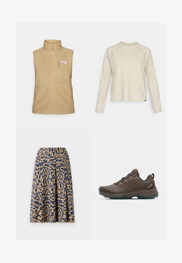 Beige színű fleece mellény magas gallérral, cipzáros elülső résszel és egy mellzsebbel rendelkezik. Kétoldali zsebekkel és sima textúrával készült.; Világos bézs, hosszú ujjú felső, texturált, bordázott kialakítással. Raglán ujjakkal és kerek nyakkivágással rendelkezik. Diszkrét márkázás a szegélyen.; Térd alatt végződő szoknya geometrikus mintával sötétkék és bézs színben, plisszírozott és sima textúrával.; Szürke és téglakék túra cipők, hálós panelekkel, texturált felsőrésszel és strapabíró gumitalppal. Jellemzője a párnázott nyelv és a fűzős kialakítás.