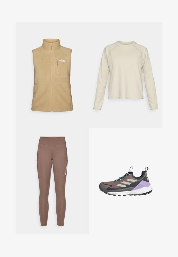 Beżowa kamizelka polarowa z wysokim kołnierzem, zapinana na zamek z przodu oraz jedną kieszenią na piersi. Posiada podwójne kieszenie boczne oraz gładką teksturę.; Jasno beżowa bluzka z długim rękawem o teksturowanym, prążkowanym wzorze. Posiada rękawy raglanowe oraz okrągły dekolt. Dyskretny logo marki na dole.; Brązowe legginsy sportowe z wysokim stanem, posiadające boczne kieszenie i białe logo. Gładki, elastyczny materiał zapewniający komfort i swobodę ruchów.; Buty hikingowe GORE-TEX z szaro-czarną cholewką, białymi i lawendowymi akcentami, teksturowanym wykończeniem oraz solidną podeszwą zapewniającą dobrą przyczepność.