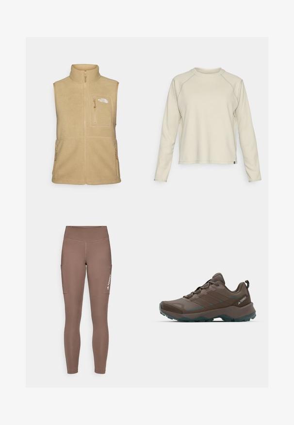 Beige fleece vest med høy krage, glidelås foran og en brystlomme. Har doble sidelommer og en glatt tekstur.; Lys beige langermet topp med en teksturert, ribbet design. Har raglan-ermer og en rund halsutskjæring. Diskret merkevarelogo nederst.; Brune atletiske leggings med høy midje, med sidelommer og en hvit logo. Glatt, elastisk stoff for komfort og bevegelighet.; Grå og teal fotturer sko med mesh-paneler, teksturert overdel og robust gummisåle. Har polstret tunge og snøring.