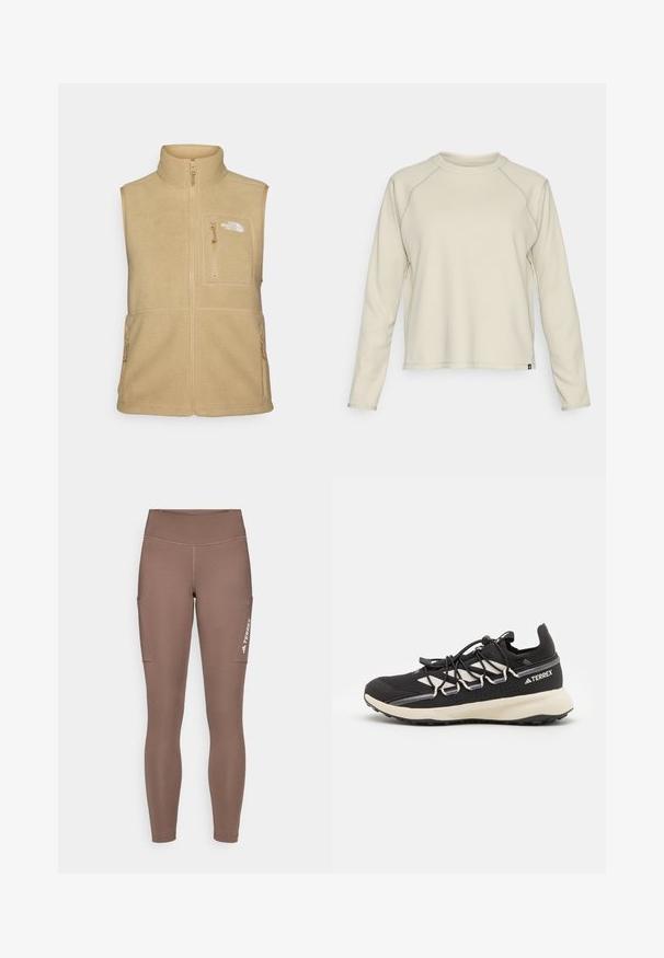 Bežan flis brezrokavnik z visokim ovratnikom, zadrgo spredaj in enim žepom na prsih. Ima dvojna stranska žepa in gladko teksturo.; Svetlo bež majica z dolgimi rokavi z teksturirano, rebrasto zasnovo. Ima raglan rokave in okroglo ovratnico. Diskreten logotip blagovne znamke na robu.; Rjave športne legice z visokim pasom, ki imajo stranske žepe in belo logo. Gladek, elastičen material za udobje in gibljivost.; Črne atletske čevlje z teksturirano zgornjico, kontrastnimi belimi poudarki, oblikovanim podplatom in elastičnimi vezalkami. Imajo natisnjen logo na peti.