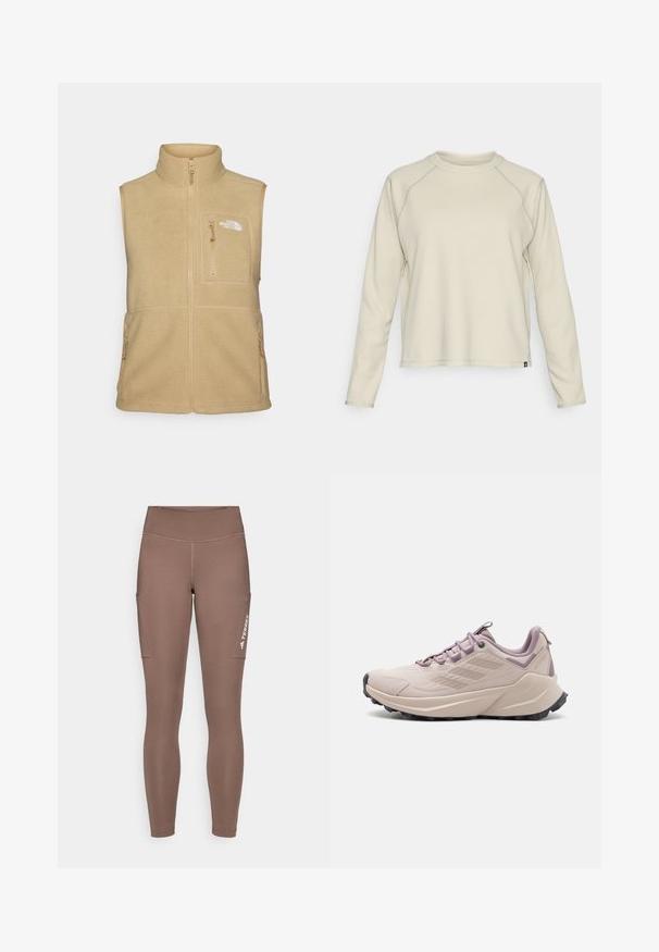 Beige színű fleece mellény magas gallérral, cipzáros elülső résszel és egy mellzsebbel rendelkezik. Kétoldali zsebekkel és sima textúrával készült.; Világos bézs, hosszú ujjú felső, texturált, bordázott kialakítással. Raglán ujjakkal és kerek nyakkivágással rendelkezik. Diszkrét márkázás a szegélyen.; Barna sport leggings magas derékkal, oldalsó zsebekkel és fehér logóval. Sima, rugalmas anyag a kényelem és a mozgás szabadsága érdekében.; Világos rózsaszín terepfutó cipő, textúrált felsőrészsel, párnázott nyakkal és fekete gumitalppal, amely mély barázdákkal rendelkezik a tapadás érdekében.
