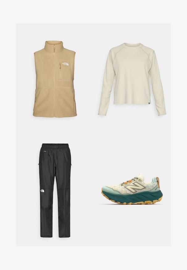 Beige fleecevest med høj krave, lynlås foran og en brystlomme. Har dobbelte sidelommer og blød tekstur.; Lys beige langærmet top med et tekstureret, ribbet design. Har raglanærmer og en rund halsudskæring. Diskret brandlogo ved kanten.; Sorte vandtætte bukser lavet af letvægtsstof, med elastisk talje, sidelommer og et logo på venstre ben.; Herresportsko med en let mesh-overdel i creme og teal, en polstret turkis sål og orange snørebånd med reflekterende detaljer.