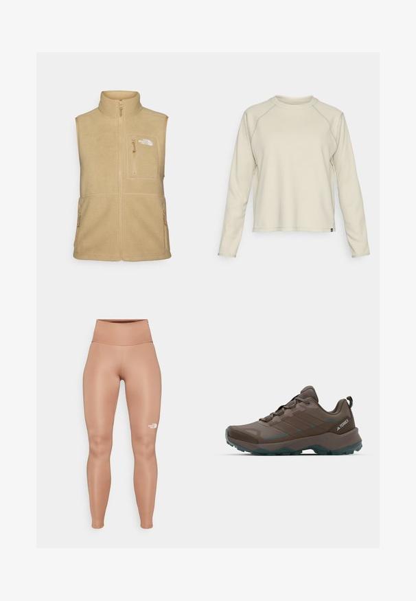 Béžová fleecová vesta s vysokým golierom, zipsom vpredu a jednou náprsní kapsou. Má dvojité bočné vrecká a hladkú textúru.; Svetlo béžový top s dlhými rukávmi a textúrovaným, rebrovaným dizajnom. Má raglánové rukávy a zaoblený výstrih. Diskrétny logotyp značky na leme.; Vysoké, priliehavé legíny svetlohnedej farby. Vyrobené z hladkého, elastického materiálu s bielym logom na ľavom stehne.; Sivé a tyrkysové turistické topánky s mriežkovanými panelmi, textúrovaným zvrškom a odolnou gumovou podrážkou. Obsahujú polstrovaný jazyk a šnurovací dizajn.