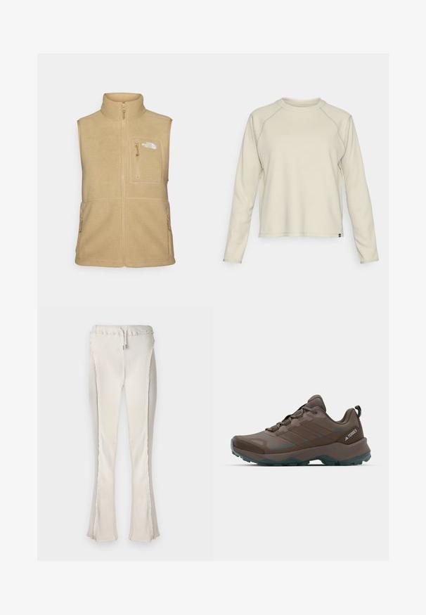 Beige fleece vest with high collar, zippered front, and one chest pocket. Features double side pockets and smooth texture.; Light beige long-sleeve top with a textured, ribbed design. Features raglan sleeves and a rounded neckline. Subtle brand logo at the hem.; Light beige flared pants with ribbed texture, featuring a drawstring waist and raw edges along the side seams and hem.; Gray and teal hiking shoes with mesh panels, textured upper, and rugged rubber outsole. Features padded tongue and lace-up design.