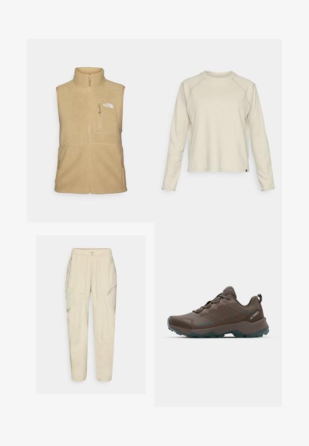 Bežasti flis prsluk s visokim ovratnikom, prednjim zipom i jednom prsnom džepom. Ima duple bočne džepove i glatku teksturu.; Svijetlo bež majica dugih rukava s teksturiranim, rebrastim dizajnom. Ima raglan rukave i zaobljeni izrez. Suptilan brend logo na rubu.; Svijetlosmeđe cargo hlače s elastičnim pojasom, džepovima s patentnim zatvaračem i detaljima na panelima. Izrađene od glatkog, laganog materijala.; Sive i tirkizne planinarske cipele s mrežastim panelima, teksturiranim gornjim dijelom i čvrstim gumenenim potplatom. Imaju podstavljeni jezik i dizajn sa vezicama.