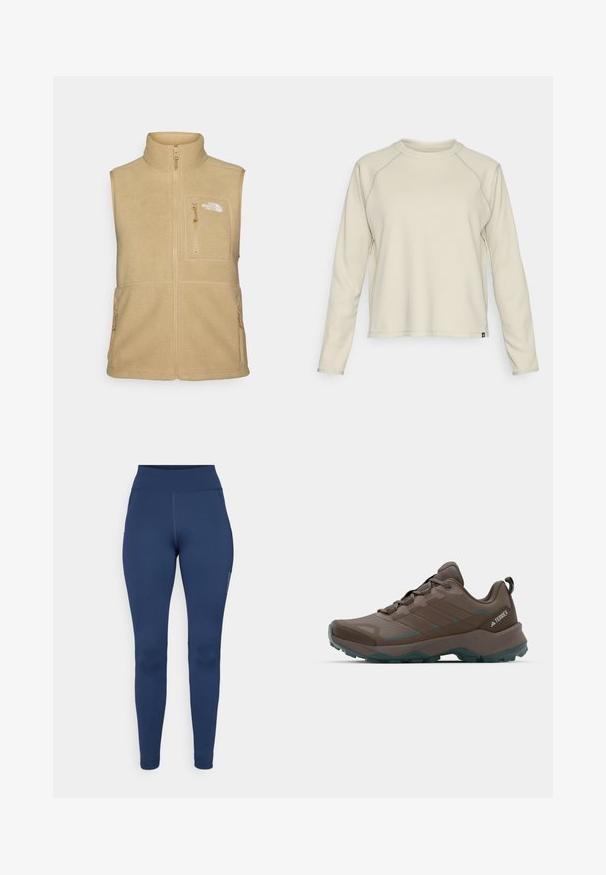 Kremkrāsas flīsa veste ar augstu apkakli, ar rāvējslēdzēju priekšā un vienu krūšu kabatu. Iespējas dubultās sānu kabatas un gluda tekstūra.; Gaiņbēši garām piedurknēm krekls ar teksturētu, ribotu dizainu. Iespējami raglan piedurknes un apaļa kakla izgriezums. Diskreta zīmola logo apakšmalā.; Jūras zila legingi no elastīga auduma, ar augstu jostu un sānu kabatu. Gluda tekstūra ar plakaniem šuvēm.; Pelēki un zilgani pārgājienu apavi ar sietveida paneļiem, teksturētu virsu un izturīgu gumijas zoli. Iespējas ietver mīksto mēli un auklu aizdari.