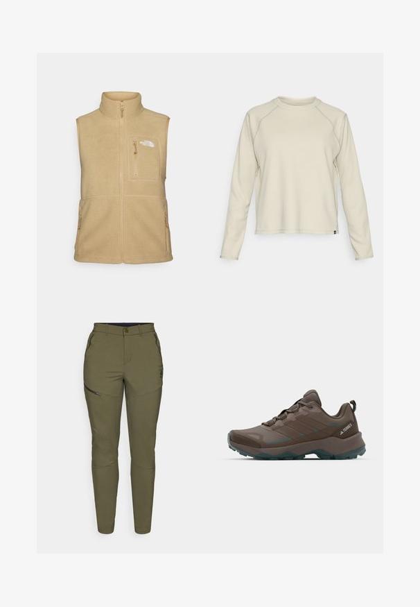 Μπεζ γιλέκο από φλις με ψηλό γιακά, φερμουάρ μπροστά και μία τσέπη στο στήθος. Διαθέτει διπλές πλαϊνές τσέπες και λεία υφή.; Ανοιχτό καφέ μπλουζάκι μακρύ μανίκι με υφασματική, ριγωτή σχεδίαση. Διαθέτει ράγλες στα μανίκια και κυκλικό λαιμόκοψη. Διακριτό λογότυπο της μάρκας στο στρίφωμα.; ODLO PANTS REGULAR LENGTH ASCENT LIGHT - Παντελόνι εξωτερικού χώρου - forest night; Γκρι και τιρκουάζ ορειβατικά παπούτσια με πλέγμα, υφή στην επάνω επιφάνεια και ανθεκτική καουτσούκ σόλα. Διαθέτουν μαλακό ταμπακιέρα και σχέδιο με κορδόνια.
