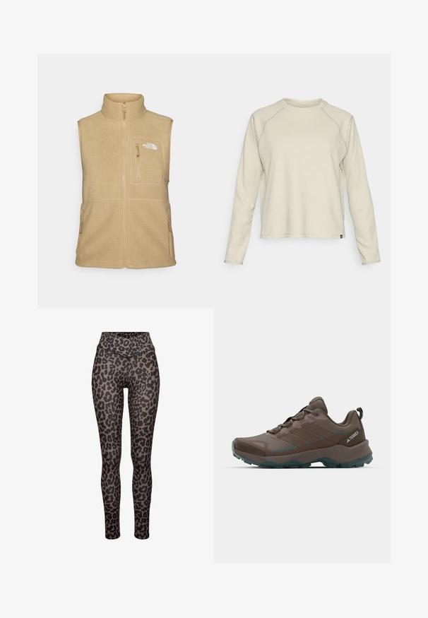 Beige fleece vest met hoge kraag, ritssluiting aan de voorkant en één borstzak. Voorzien van dubbele zijzakken en een gladde textuur.; Lichtbeige lange mouw top met een textuur, ribbel ontwerp. Heeft raglanmouwen en een ronde halslijn. Subtiele merklogo aan de zoom.; Leggings met luipaardprint, voorzien van een hoge tailleband, een gladde textuur en een aansluitend ontwerp. Het patroon heeft gevarieerde groottes van donkere vlekken op een tan achtergrond.; Grijze en teal wandelschoenen met gaaspanelen, gestructureerde bovenkant en robuuste rubberen outsole. Voorzien van een gevoerde tong en vetersluiting.