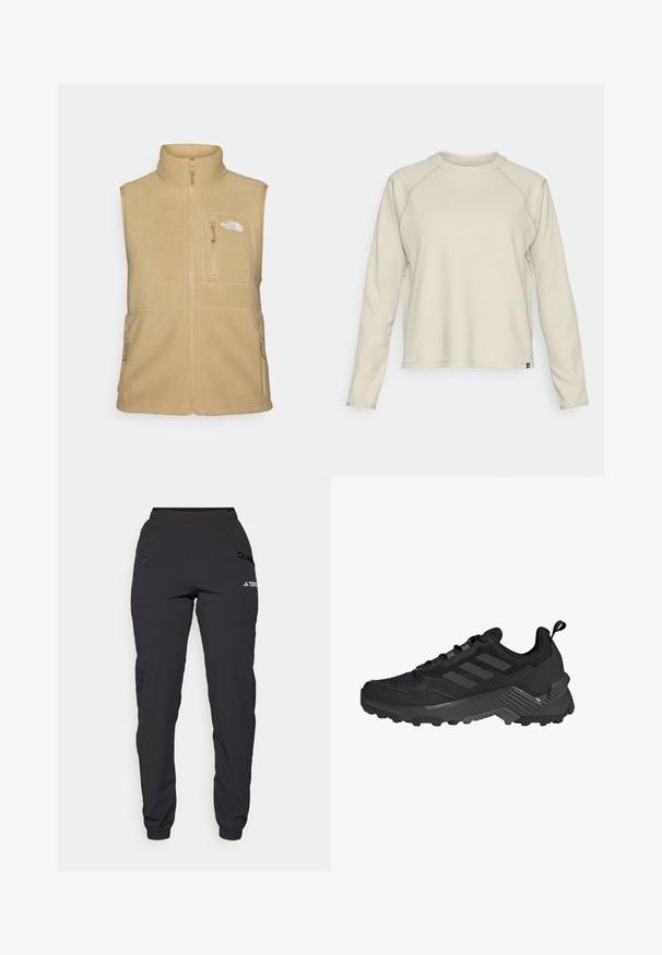 Bežasti flis prsluk s visokim ovratnikom, prednjim zipom i jednom prsnom džepom. Ima duple bočne džepove i glatku teksturu.; Svijetlo bež majica dugih rukava s teksturiranim, rebrastim dizajnom. Ima raglan rukave i zaobljeni izrez. Suptilan brend logo na rubu.; Crne vodootporne hlače s elastičnom strukom, bočnim džepovima sa zipom, suženim nogavicama i rebrastim manžetama na gležnjevima. Sadrže oznake s logom.; Crna atletska cipela s mrežastim gornjištem, dizajnom s tri pruge, oblikovanim petnim dijelom i robusnom vanjskom školjkom s istaknutim uzorcima za prianjanje.