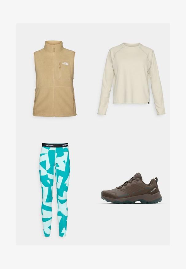 Beżowa kamizelka polarowa z wysokim kołnierzem, zapinana na zamek z przodu oraz jedną kieszenią na piersi. Posiada podwójne kieszenie boczne oraz gładką teksturę.; Jasno beżowa bluzka z długim rękawem o teksturowanym, prążkowanym wzorze. Posiada rękawy raglanowe oraz okrągły dekolt. Dyskretny logo marki na dole.; Turkusowe legginsy z abstrakcyjnymi białymi i turkusowymi wzorami geometrycznymi. Wykonane z elastycznego materiału, z czarnym paskiem w logo TERREX.; Szare i turkusowe buty trekkingowe z siateczkowymi panelami, teksturowanym cholewką i szorstką gumową podeszwą. Posiadają wyściełany język i sznurowany fason.