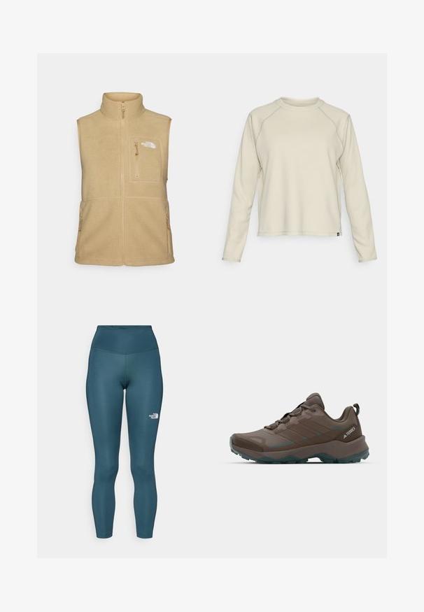 Chaleco de forro polar beige con cuello alto, cierre frontal y un bolsillo en el pecho. Presenta dos bolsillos laterales y una textura suave.; Top de manga larga beige claro con un diseño texturizado y acanalado. Presenta mangas raglán y un escote redondeado. Sutil logo de la marca en el dobladillo.; Leggings de talle alto en color verde azulado, fabricados con un tejido elástico. Cuentan con un pequeño logotipo blanco en el lado izquierdo y detalles de costura a lo largo de las costuras.; Zapatos de senderismo grises y verde azulado con paneles de malla, parte superior texturizada y suela de goma resistente. Cuenta con lengüeta acolchada y diseño de cordones.