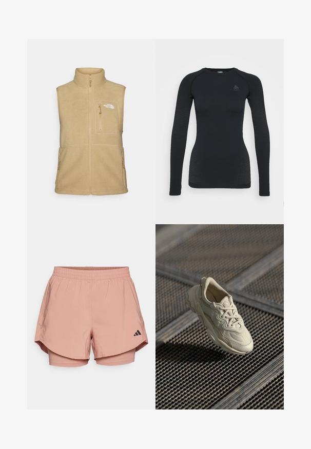 Beige fleece vest with high collar, zippered front, and one chest pocket. Features double side pockets and smooth texture.; Black long-sleeve base layer top with a fitted design, textured side panels, round neckline, and subtle logo on the chest.; Pink athletic shorts with an elastic waistband, layered design, side pockets, and black Adidas logo on the lower right side.; Beige sneaker with textured fabric, contrasting smooth accents, rounded sole, and laces, suspended above a gridded surface.