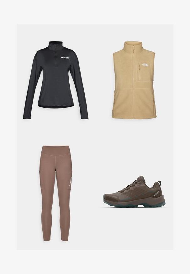 Beige fleece vest med høy krage, glidelås foran og en brystlomme. Har doble sidelommer og en glatt tekstur.; Svart langermet topp med kvartglidelås og høy krage, laget av et glatt, lett stoff. Har "TERREX"-logo i hvitt.; Brune atletiske leggings med høy midje, med sidelommer og en hvit logo. Glatt, elastisk stoff for komfort og bevegelighet.; Grå og teal fotturer sko med mesh-paneler, teksturert overdel og robust gummisåle. Har polstret tunge og snøring.