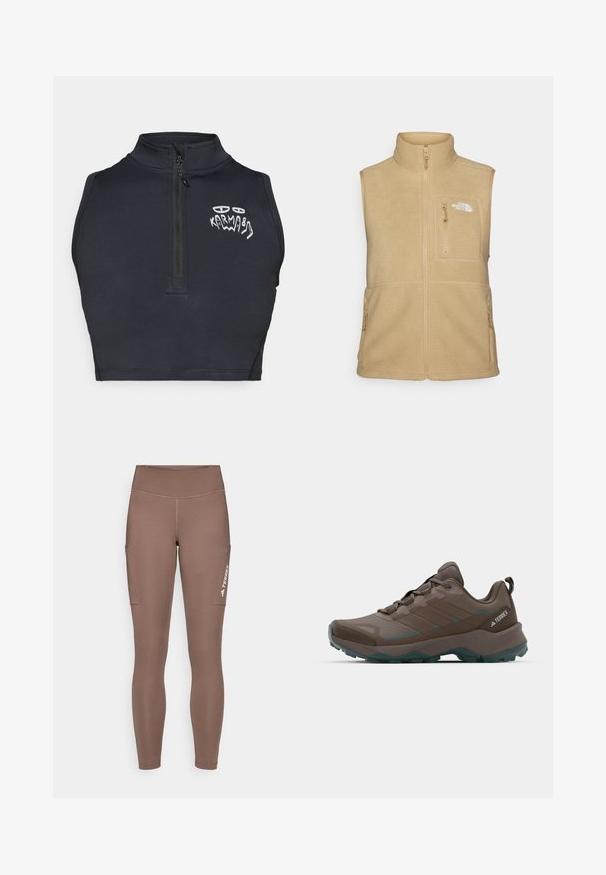Beżowa kamizelka polarowa z wysokim kołnierzem, zapinana na zamek z przodu oraz jedną kieszenią na piersi. Posiada podwójne kieszenie boczne oraz gładką teksturę.; Czarny bezrękawnik ze stójką, z przodu na ćwierć zamek błyskawiczny oraz białą abstrakcyjną grafiką "Karma" na lewej piersi.; Brązowe legginsy sportowe z wysokim stanem, posiadające boczne kieszenie i białe logo. Gładki, elastyczny materiał zapewniający komfort i swobodę ruchów.; Szare i turkusowe buty trekkingowe z siateczkowymi panelami, teksturowanym cholewką i szorstką gumową podeszwą. Posiadają wyściełany język i sznurowany fason.