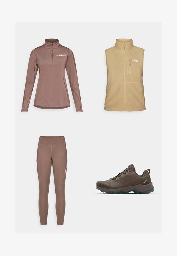 Beige fleece-vest med høy krage, glidelås foran og en brystlomme. Har doble sidelommer og glatt tekstur.; Ruskea pitkähihainen pusero, jossa on puolivetoketjullinen kaulus, valmistettu kevyestä kankaasta. Vasemmassa yläosassa rinnassa on "TERREX"-logo.; Ruskeat urheiluleggingsit korkean vyötärönauhalla, joissa on sivutaskut ja valkoinen logo. Liukas, joustava kangas mukavuutta ja liikkuvuutta varten.; Harmaat ja turkoosit vaelluskengät, joissa on verkkomaiset paneelit, teksturoitu päällinen ja rugged-kumiaulakosa. Varustettu pehmustetulla kielillä ja nauhakiinnityksellä.