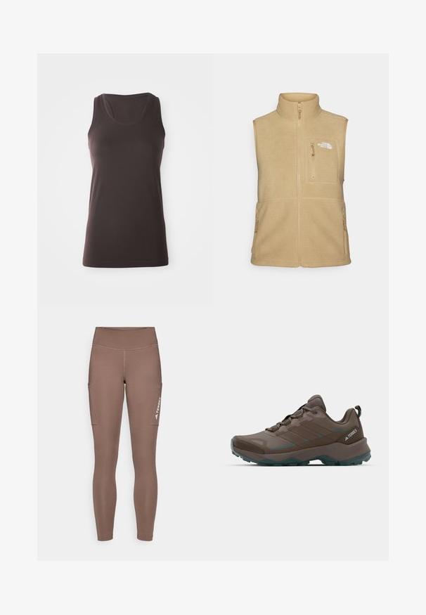 Colete de fleece bege com gola alta, frente com fecho de correr e um bolso no peito. Apresenta bolsos laterais duplos e textura suave.; Camisola atlética sem mangas de cor castanho-escuro com decote em forma de gota e uma textura ribada subtil nos lados e ombros, disposta em plano sobre um fundo branco.; Leggings atléticos castanhos com um cós alto, featuring bolsos laterais e um logótipo branco. Tecido suave e elástico para conforto e mobilidade.; Botas de caminhada cinzas e azul-turquesa com painéis em malha, parte superior texturizada e sola exterior em borracha robusta. Apresenta língua acolchoada e design com atacadores.
