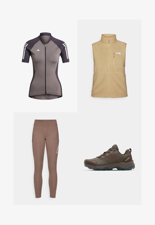 Beige Fleece-Weste mit hohem Kragen, Reißverschluss vorne und einer Brusttasche. Verfügt über doppelte Seitentaschen und eine glatte Textur.; Kurzärmliges Fahrradtrikot in Grau mit dunkelvioletten Akzenten, durchgehendem Reißverschluss und weißen Streifen auf den Schultern. Hergestellt aus elastischem Stoff.; Braune Sportlegging mit einem hohen Bund, ausgestattet mit Seitentaschen und einem weißen Logo. Glatter, dehnbarer Stoff für Komfort und Bewegungsfreiheit.; Graue und türkisfarbene Wanderschuhe mit Netzpaneelen, strukturiertem Obermaterial und robustem Gummisohle. Mit gepolsterter Zunge und Schnürdesign.