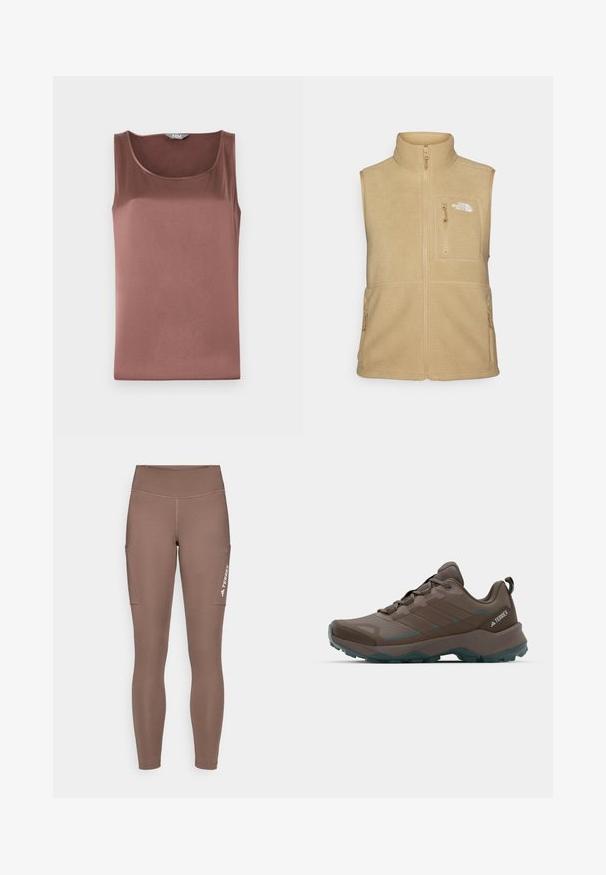 Beige színű fleece mellény magas gallérral, cipzáros elülső résszel és egy mellzsebbel rendelkezik. Kétoldali zsebekkel és sima textúrával készült.; Barna selyem nélküli felső, kerek nyakkivágással, sima textúrával és karcsú szabással, amely a letisztult sziluett érdekében készült.; Barna sport leggings magas derékkal, oldalsó zsebekkel és fehér logóval. Sima, rugalmas anyag a kényelem és a mozgás szabadsága érdekében.; Szürke és téglakék túra cipők, hálós panelekkel, texturált felsőrésszel és strapabíró gumitalppal. Jellemzője a párnázott nyelv és a fűzős kialakítás.