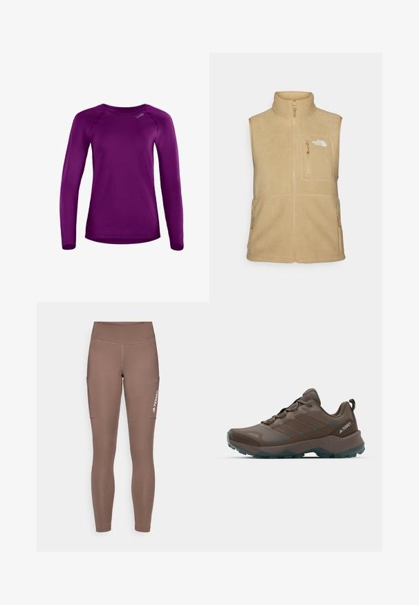 Beige fleece vest met hoge kraag, ritssluiting aan de voorkant en één borstzak. Voorzien van dubbele zijzakken en een gladde textuur.; Lange mouwen shirt in paars, gemaakt van soepele stof met een ronde halslijn en raglanmouwen. Heeft een klein merkembleem op de voorkant.; Bruine sportleggings met een hoge tailleband, voorzien van zijzakken en een wit logo. Gladde, rekbare stof voor comfort en bewegingsvrijheid.; Grijze en teal wandelschoenen met gaaspanelen, gestructureerde bovenkant en robuuste rubberen outsole. Voorzien van een gevoerde tong en vetersluiting.