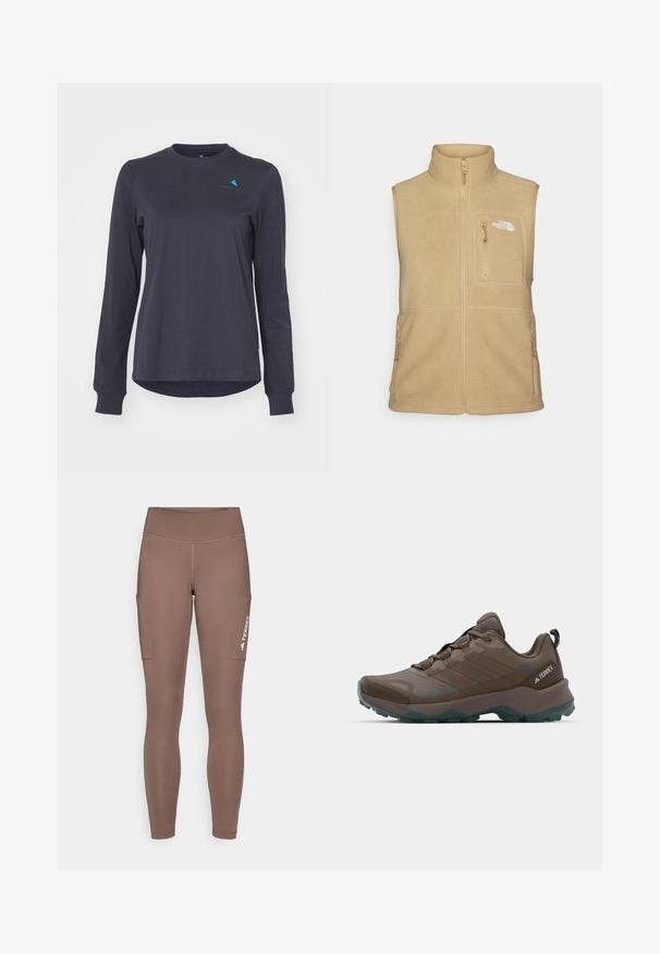 Bežan flis brezrokavnik z visokim ovratnikom, zadrgo spredaj in enim žepom na prsih. Ima dvojna stranska žepa in gladko teksturo.; Majica s dolgimi rokavi temno sive barve iz mehkega materiala, ki ima krožni izrez, rebraste manšete in majhen modri logotip na prsih.; Rjave športne legice z visokim pasom, ki imajo stranske žepe in belo logo. Gladek, elastičen material za udobje in gibljivost.; Sive in temno zeleni pohodni čevlji z mrežastimi paneli, teksturiranim zgornjim delom in trpežnim gumijastim podplatom. Imajo podloženi jezik in vezalni sistem.