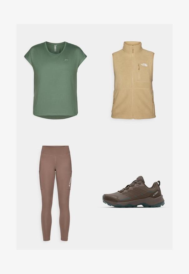 Beige fleece vest with high collar, zippered front, and one chest pocket. Features double side pockets and smooth texture.; Green short-sleeve t-shirt featuring a round neck, soft fabric, a relaxed fit, and a subtle logo detail on the front.; Brown athletic leggings with a high waistband, featuring side pockets and a white logo. Smooth, stretchy fabric for comfort and mobility.; Gray and teal hiking shoes with mesh panels, textured upper, and rugged rubber outsole. Features padded tongue and lace-up design.