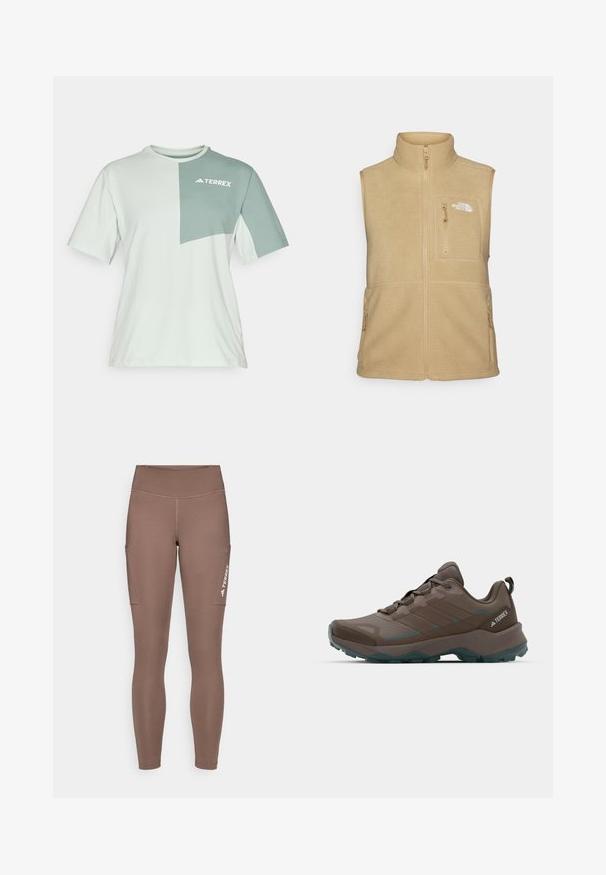 Beige fleecová vesta s vysokým límcem, zipem vpředu a jednou hrudní kapsou. Má dvojité boční kapsy a hladkou texturu.; Světlé zelené tričko s krátkým rukávem, zdobené tmavě zelenou nášivkou s bílým logem "TERREX", vyrobené z měkké, prodyšné tkaniny.; Hnědé sportovní legíny s vysokým pasem, které mají boční kapsy a bílé logo. Hladký, pružný materiál pro pohodlí a pohyblivost.; Šedé a tyrkysové turistické boty s síťovinovými panely, texturovaným svrškem a robustní gumovou podrážkou. Funkce polstrovaného jazyka a šněrovacího designu.