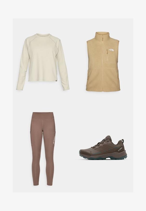 Beige fleece vest with high collar, zippered front, and one chest pocket. Features double side pockets and smooth texture.; Light beige long-sleeve top with a textured, ribbed design. Features raglan sleeves and a rounded neckline. Subtle brand logo at the hem.; Brown athletic leggings with a high waistband, featuring side pockets and a white logo. Smooth, stretchy fabric for comfort and mobility.; Gray and teal hiking shoes with mesh panels, textured upper, and rugged rubber outsole. Features padded tongue and lace-up design.