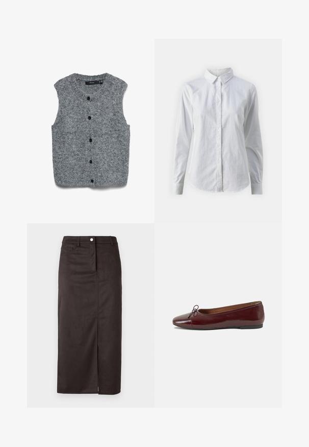 Grå strikket vest uten ermer med en myk tekstur, med rund hals og seks svarte knapper foran.; Hvit skjorte med knapper laget av glatt bomull, med klassisk krage, lange ermer og buet skjær. Knapper er små og hvite.; Brun, kneelengde skjørt laget av glatt stoff. Har en frontsplitt, knappelukking og sidelommer for ekstra funksjonalitet.; Burgunderrød lakk lær ballettleilighet med rund tå, liten sløyfe foran og en lav, svart gummisåle. Glatt tekstur.