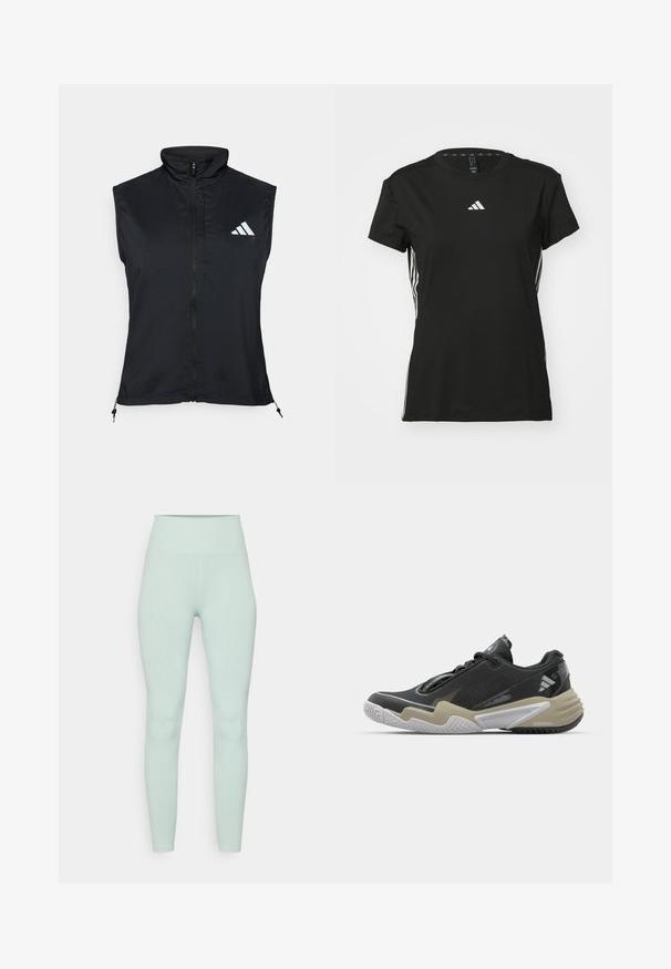 Musta hihaton liivi, jossa korkea kaulus. Edessä vetoketju, kevyt kangas ja valkoinen kolmiraitalogo vasemmassa yläkulmassa.; Mustat urheilu t-paita lyhyillä hihoilla, valmistettu synteettisestä materiaalista. Sisältää pienen valkoisen logon rinnassa ja valkoiset raidat sivuilla.; Raidoitetut leggingsit pehmeässä mintunvihreässä värissä. Korkeavyötäröinen malli, joka on tiukka ja silkinsileä koko kankaan läpi.; Musta ja beige urheilukenkä, jossa on teksturoitu yläosa, merkittävä pohjarakenne, heijastavat yksityiskohdat ja nauhaketju. Kevyt rakenne.