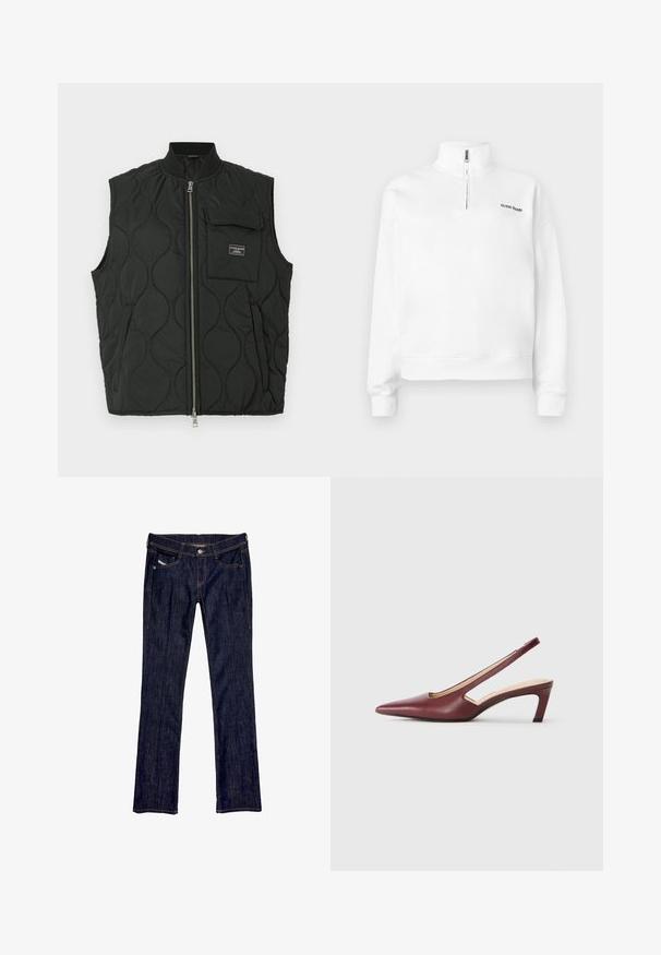 Black quilted vest with a high collar, front zip closure, and a left chest pocket. Textured pattern and branded label on the pocket.; White pullover sweatshirt with a high collar and half-zip closure. Features a small black logo on the chest and ribbed cuffs. Smooth texture.; Dark blue denim jeans with a straight leg design, featuring a front button closure, five pockets, and visible stitching along the seams.; Burgundy slingback heels with a pointed toe, cutout details on the side, and a mid-height block heel. Smooth leather finish.