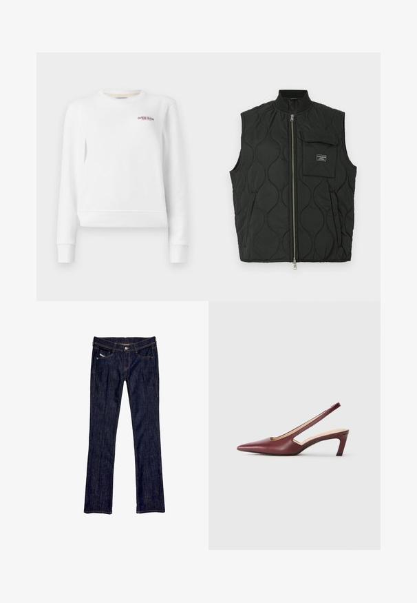 Svart quilted vest med høy krage, forkle med glidelås foran og en lomme på venstre bryst. Teksturert mønster og merkevarelabel på lommen.; Hvit sweatshirt med ribbestrikkede mansjetter og hem, har en liten rød og blå brodert "GUESS JEANS" logo på forsiden. Enkelt design.; Mørkeblå denim jeans med rett ben-design, med knappelukking foran, fem lommer og synlige sømmer langs sømmene.; Burgunder slingback hæle med spids tå, udskårne detaljer på siden og en midt-højde blokhæle. Glat læderfinish.