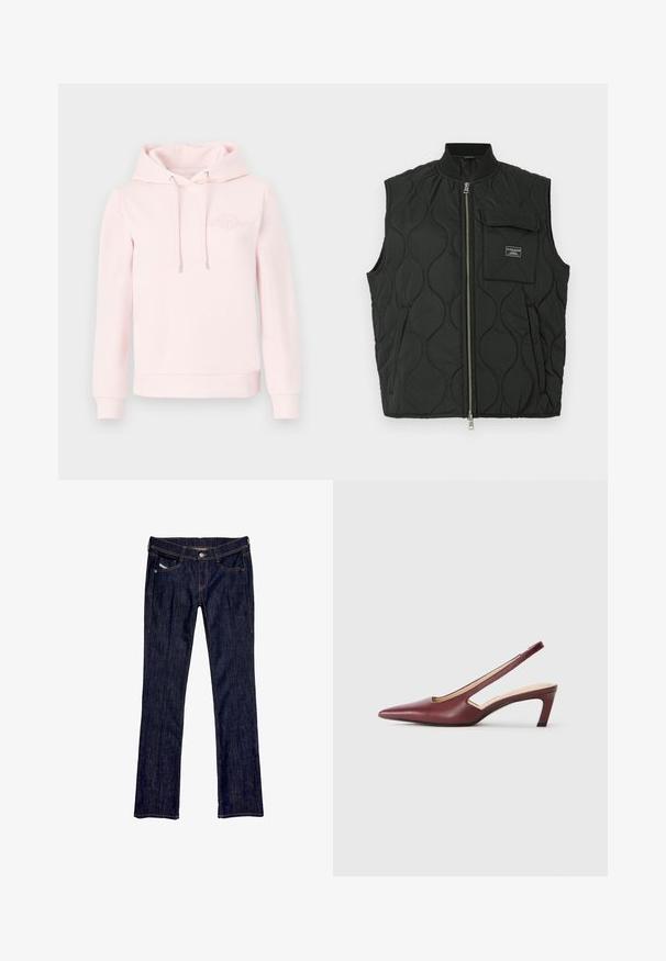 Mustakviltattu liivi korkealla kauluksella, etuvetoketjulla ja vasemmassa rintataskussa. Teksturoitu kuvio ja brändätty etiketti taskussa.; Vaaleanpunainen huppari, joka on tehty pehmeästä kankaasta, varustettu kengurun taskulla, nyörikiinnitteisellä hupulla ja brodeeratulla logolla rinnassa.; Tummansiniset farkut suoranlahkeisella muotoilulla, joissa on etupainike, viisi taskua ja näkyvät tikkaukset saumoissa.; Burgundin väriset slingback-kengät, joilla on terävä kärki, leikattu yksityiskohta sivuilla ja keskipitkä, lohkokorko. Sileä nahkapinta.