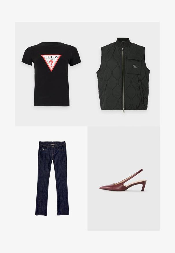 Svart quilted vest med høy krage, forkle med glidelås foran og en lomme på venstre bryst. Teksturert mønster og merkevarelabel på lommen.; Svart bomull t-skjorte med et trekantet rødt og hvitt logo som har teksten "GUESS U.S.A." og et spørsmålstegn i midten. Korte ermer.; Mørkeblå denim jeans med rett ben-design, med knappelukking foran, fem lommer og synlige sømmer langs sømmene.; Burgunder slingback hæle med spids tå, udskårne detaljer på siden og en midt-højde blokhæle. Glat læderfinish.