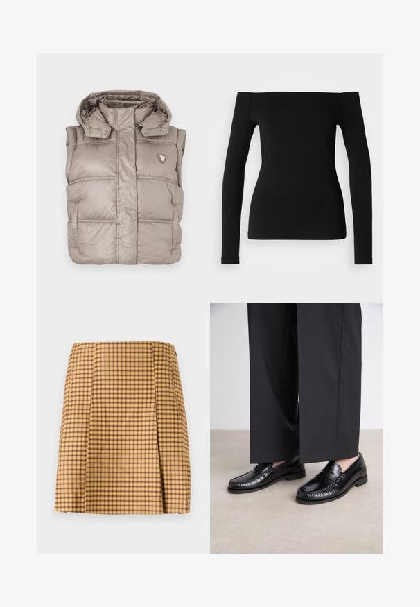 Kevyt beige puffer-vesti, jossa on kiiltävä pinta, korkea kaulus, nappikiinnitys ja timanttilogo vasemmassa rinnassa.; Musta pitkähihainen yläosa, jossa on olkaimeton pääntie, sileä kangas, vartalonmyötäinen muotoilu ja saumaton helma. Yksinkertainen ja minimalistinen tyyli.; Keltainen ja violetti ruudullinen hame suoran leikkauksen kanssa, jossa on hienovarainen laskos edessä ja sileä tekstuuri.; Mustat nahka loaferit, joissa on sileä pinta, tikattu yksityiskohta varpaiden ympärillä ja matala kumipohja. Yhdistetty leveiden mustien housujen kanssa.