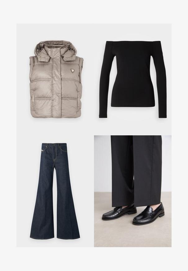 Kerge beež pufferi vest läikiva viimistlusega, kõrge kraega, nööbiga ja vasakus rinnus diamond logo.; Must mustriga mustriga tipp, millel on õlavarrelt vaba kaelus, sile kangas, istuv disain ja ilma õmblusteta allserv. Lihtne ja minimalistlik stiil.; Tumedat sinavad teksad, mille sirge lõige, kõrge vöökoht, kuldne tikand ja kaks esitaskut nupuga.; Mustadest nahast loaferdest on sile pind, õmmeldud detaile varvaste ümber ja madal kummitald. Kombineeritud laia musta pükste jaoks.