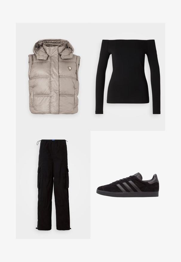 Lightweight beige puffer vest with a shiny finish, high collar, snap buttons, and a diamond logo on the left chest.; Black long-sleeve top with off-the-shoulder neckline, smooth fabric, fitted design, and a seamless hem. Simple and minimalistic style.; Black cargo pants made of lightweight fabric, featuring an elastic waistband, multiple side pockets, and adjustable hems for a relaxed fit.; Black suede sneakers with textured rubber soles, featuring three black leather stripes, rounded toe, and padded ankle collar.
