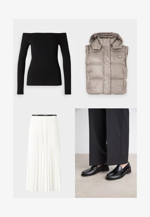 Gilet imbottito beige leggero con finitura lucida, colletto alto, bottoni a pressione e logo a diamante sul lato sinistro del petto.; Top nero a maniche lunghe con scollo off-the-shoulder, tessuto morbido, design aderente e orlo senza cuciture. Stile semplice e minimalista.; Gonna bianca plissettata con elastico nero in vita che presenta il logo "LACOSTE". Design di lunghezza media con texture morbida.; Mocassini in pelle nera con una finitura liscia, dettagli cuciti attorno alla punta e suola in gomma bassa. Abbinati a pantaloni neri larghi.