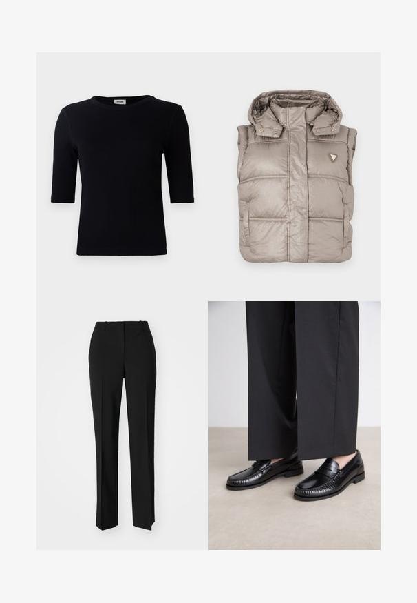 Letvægts beige puffervest med en blank finish, høj krave, trykknapper og et diamantlogo på venstre bryst.; Sort ribbet t-shirt med rund halsudskæring og trekvart ærmer. Stoffet har en glat tekstur og lige kant. Ingen synlig branding.; Sorte skræddersyede bukser med lige ben-design, der har en glat tekstur og skarpe folder langs fronten. Ingen synlige hardware.; Sorte læder loafers med en glat finish, syet detaljering omkring tæerne og en lav gummisål. Sammen med brede sorte bukser.