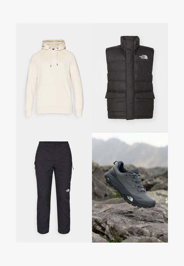 Zwarte gewatteerde vest met een hoge kraag, voorzien van een rits aan de voorkant, twee voorzakken en een logo op de borst. Glad oppervlak, slank ontwerp.; Beige pullover hoodie met een trekkoordcapuchon, kangoeroezak en reliëf "Peak Performance" logo op de voorkant. Zachte stofstructuur.; The North Face WINTER EXPLORATION TAPERED CARGO - Outdoorbroeken - black; Grijze trailrun-schoen met een gestructureerde bovenkant, duurzame rubbersole en versterkte neuskap. Voorzien van veters en een merkimprint aan de zijkant.