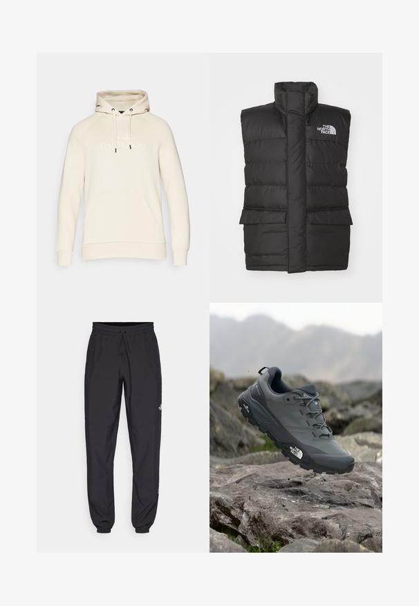 Gilet rembourré noir avec un col haut, doté d'une fermeture éclair à l'avant, de deux poches avant et d'un logo sur la poitrine. Texture lisse, design épuré.; Haut à capuche beige avec cordon de serrage, poche kangourou et logo "Peak Performance" en relief sur le devant. Texture de tissu douce.; Pantalon de sport noir en tissu léger, avec une taille à cordon, des poches latérales et des chevilles resserrées.; Chaussure de trail running grise avec un dessus texturé, semelle en caoutchouc durable et chaussure renforcée à l'avant. Comprend des lacets et un logo de la marque sur le côté.