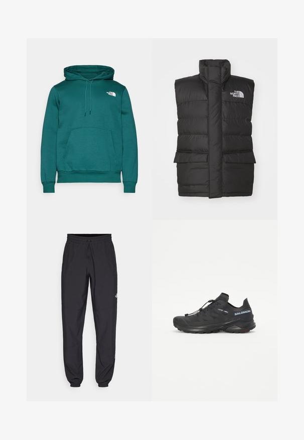 Colete acolchoado preto com colarinho alto, com fecho à frente, duas bolsas frontais e um logotipo no peito. Textura suave, design elegante.; Sweatshirt com capuz em teal, feito de uma mistura de algodão, com um bolso canguru na frente e um logótipo branco no lado esquerdo do peito. Cordões ajustáveis.; Calças atléticas pretas feitas de tecido leve, com um cós ajustável por cordão, bolsos laterais e punhos afunilados nos tornozelos.; Sapatilha de trail running preta com um upper texturizado, atacadores elásticos e sola Contagrip. Apresenta um ajuste confortável e uma biqueira protetora.