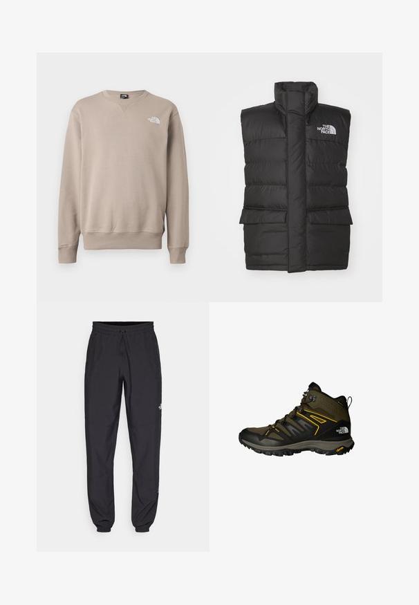 Melnas polsterētas vestes ar augstu apkakli, priekšā ar rāvējslēdzēju, divām priekšējām kabatām un logotipu uz krūšu daļas. Gluda tekstūra, elegants dizains.; Bežs sporta krekls, izgatavots no kokvilnas maisījuma auduma. Ar ribotām apkaklītēm, piedurknēm un apakšmalu; balts logo priekšējā kreisajā pusē. Klasiska atbrīvota piegriezums.; Melni sporta bikses, kas izgatavotas no viegla auduma, ar savelcamu jostu, sānu kabatām un sašaurinātiem apakšējiem galiem pie potītēm.; Pusgaršie pārgājienu apavi olīvu zaļā krāsā ar melniem akcentiem, ar sieta virsu, Vibram zoli un izteiktu saistošo sistēmu. Dzeltenas dizaina detaļas.