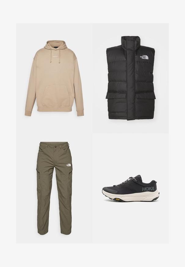 Čierna páperová vesta s vysokým golierom, predným zipsom, dvoma prednými vreckami a logom na hrudi. Hladká textúra, elegantný dizajn.; Béžová mikina s klokankou, sťahovacími šnúrkami a bielym logom na hrudi. Jemný bavlnený materiál s rebrovanými manžetami a lemom.; Zelenohnedé vonkajšie nohavice vyrobené z ľahkej tkaniny, s cargo vreckami, zipsovými akcentmi a logom na hornej strane stehna.; Čierne športové topánky s textúrovaným zvrškom, sivými akcentmi, reflexnými detailmi a hrubou bielou podrážkou s logom Vibram.