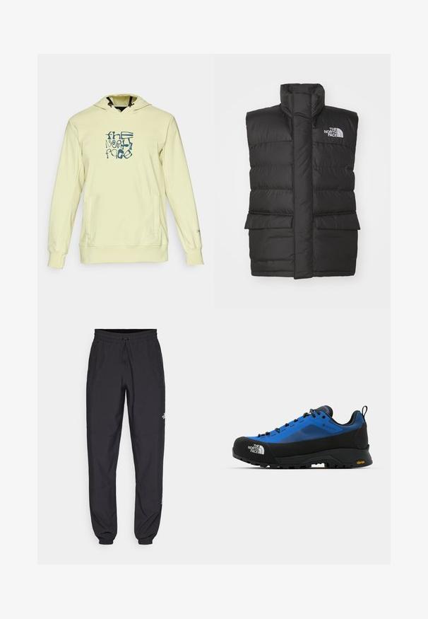 Svart polstret vest med høy krage, med frontglidelås, to frontlommer og logo på brystet. Glatt tekstur, stilrent design.; Lys gul hettegenser med frontlomme, med en blå grafisk logo. Laget av myk stoff, med snorhette og ribbede mansjetter.; Sorte idrettsbukser laget av lett stoff, med snor i livet, sidelommer og smale mansjetter ved anklene.; The North Face VERTO ALPINE GORE TEX - Fjellsko - hero blue/tnf black